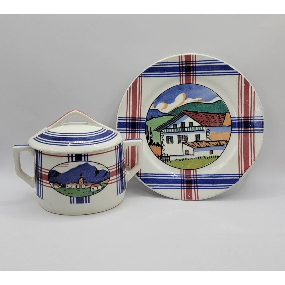 Ramuntcho Faienceries de Sarreguemines Farm Scene Sugar Bowl & 6.5" Bread Plate